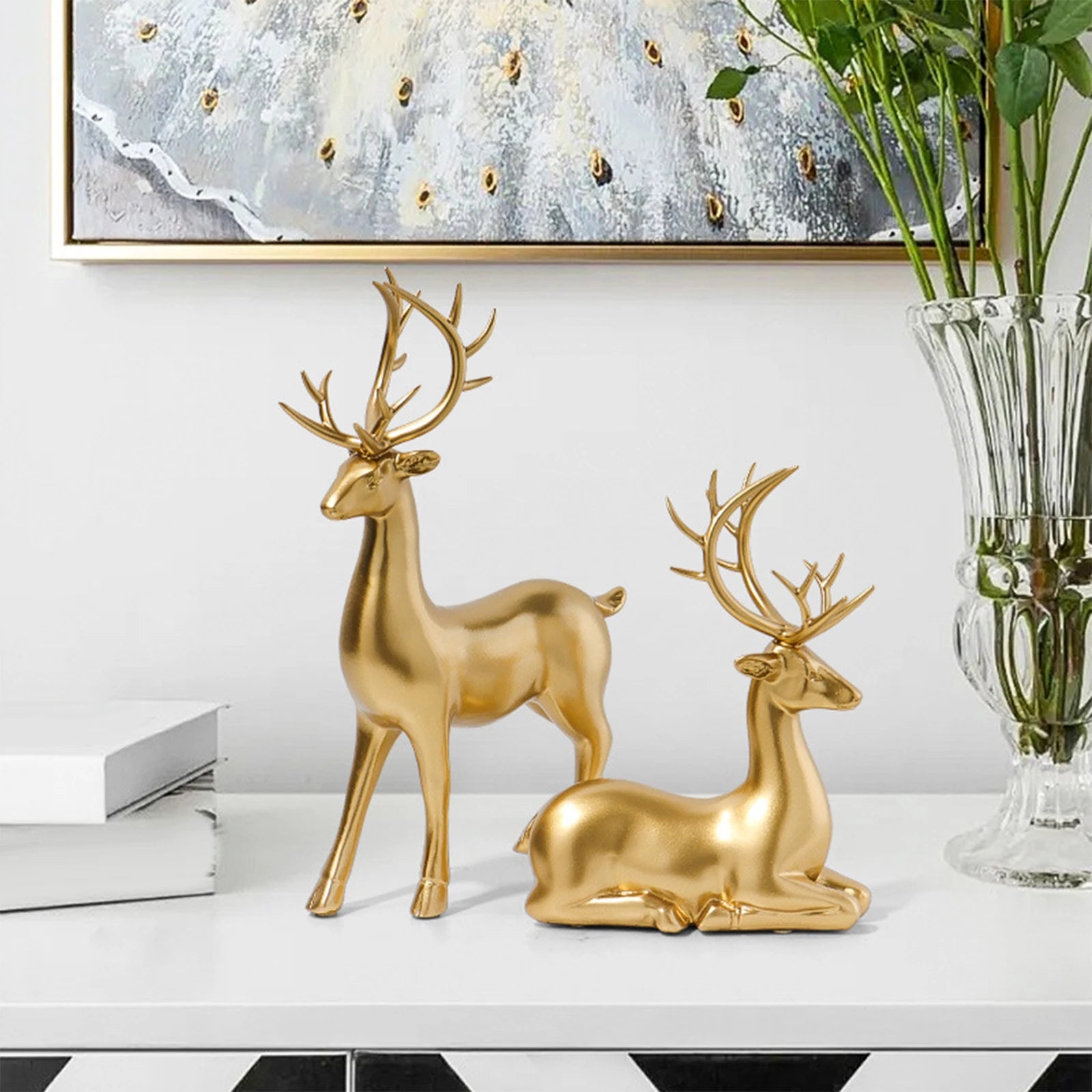 Deer Statue Standing and Sitting Resin Sculpture Reindeer Figurine Ornaments Stag Accents for Home Entrance Mantle Table Decor