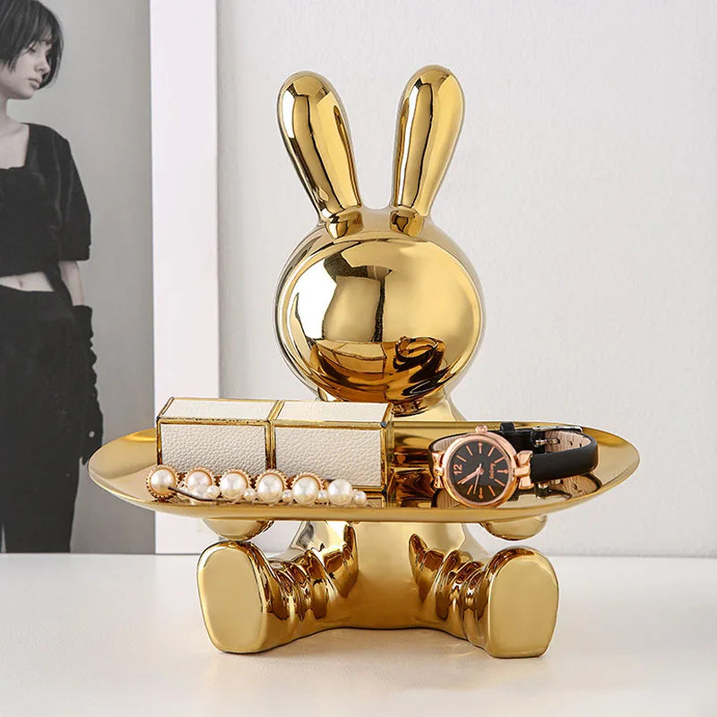 Resin Electroplated Astronaut Rabbit Tray Figurines for Interior Home Office Desktop Storage Container Decor Objects