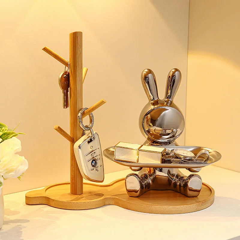 Resin Electroplated Astronaut Rabbit Tray Figurines for Interior Home Office Desktop Storage Container Decor Objects