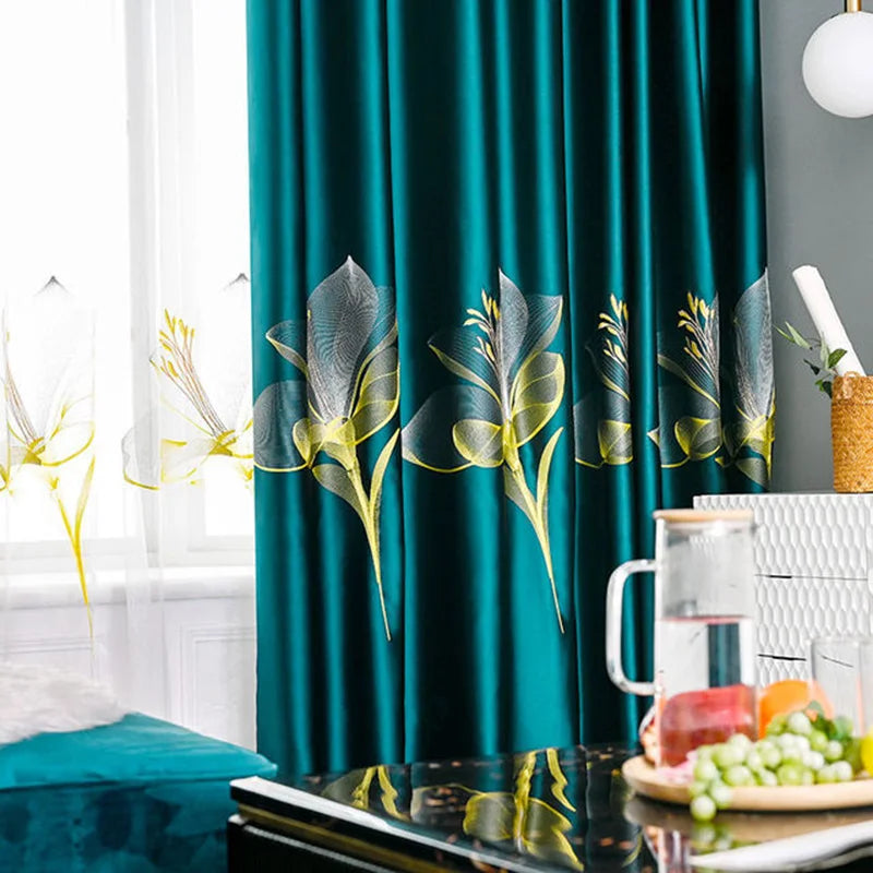 Satin Lily Embroidery Green Half Sahde Flowers Curtains for Bedroom Luxury Blue Window Treatment Opaque Sheers For Living room