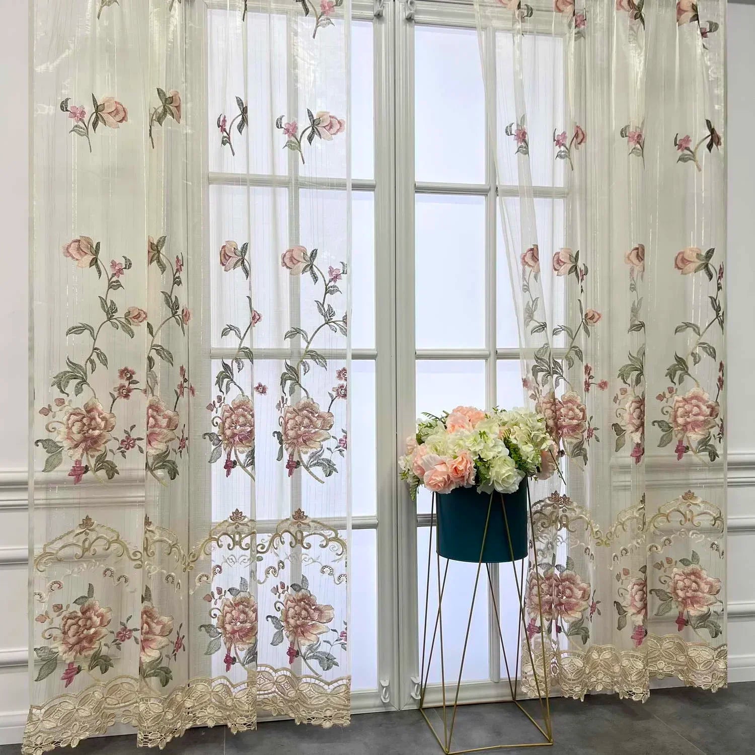 Rustic European Luxury Shiny Gold Thread Embroidery Floral Sheer Curtains for LivingRoom Bedroom Window Treatment Rod Pocket Top