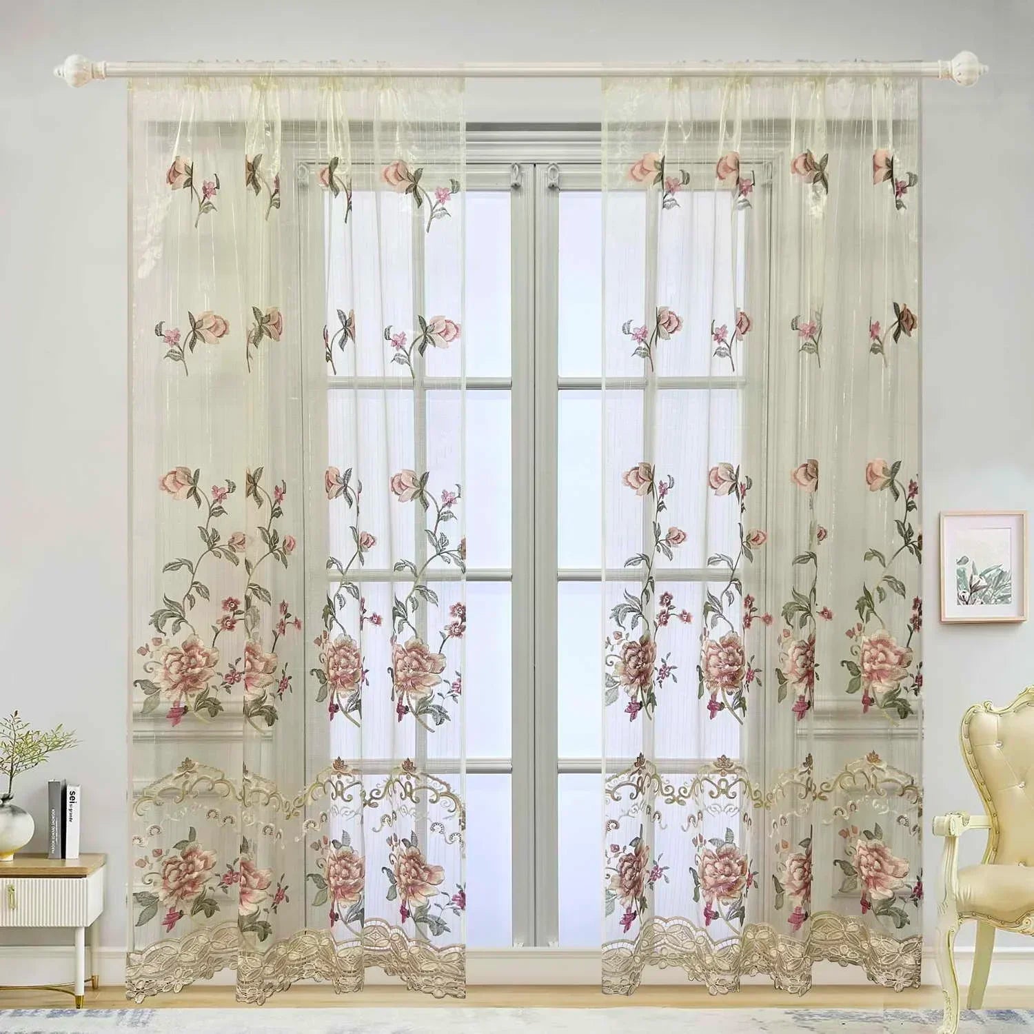Rustic European Luxury Shiny Gold Thread Embroidery Floral Sheer Curtains for LivingRoom Bedroom Window Treatment Rod Pocket Top